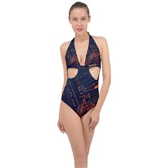 Abstract Colorful Circuit Halter Front Plunge Swimsuit by Bakwanart