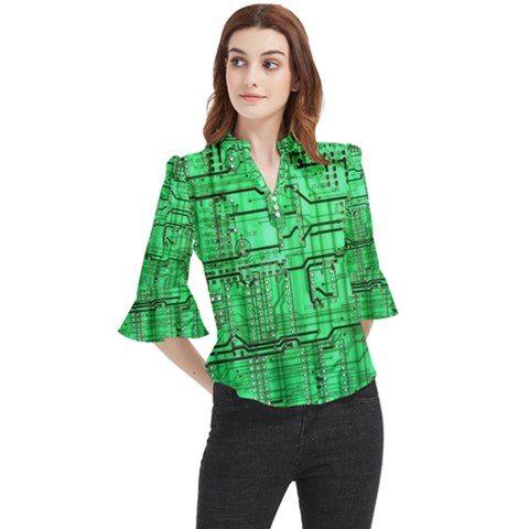 Green Circuit Board Computer Loose Horn Sleeve Chiffon Blouse by Bakwanart