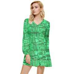 Green Circuit Board Computer Tiered Long Sleeve Mini Dress by Bakwanart