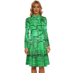 Green Circuit Board Computer Long Sleeve Shirt Collar A-line Dress by Bakwanart