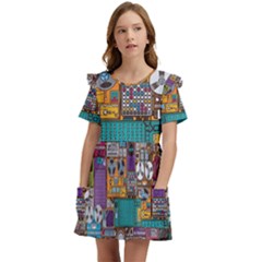 Pattern Design Art Techno Dj Music Retro Music Device Kids  Frilly Sleeves Pocket Dress by Bakwanart