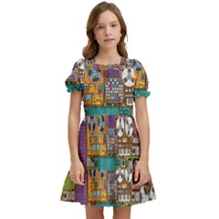 Pattern Design Art Techno Dj Music Retro Music Device Kids  Puff Sleeved Dress by Bakwanart