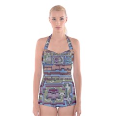 Arcade Game Retro Pattern Boyleg Halter Swimsuit  by Bakwanart