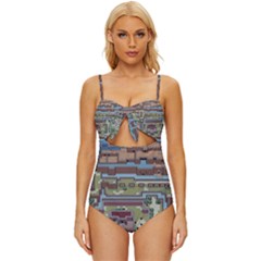 Arcade Game Retro Pattern Knot Front One-piece Swimsuit by Bakwanart