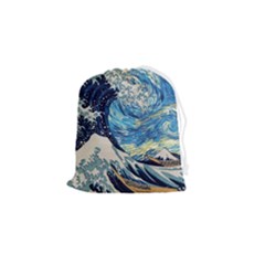 The Great Wave Of Kanagawa Painting Hokusai, Starry Night Vincent Van Gogh Drawstring Pouch (small) by Bakwanart