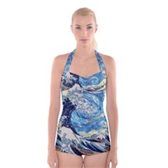 The Great Wave Of Kanagawa Painting Hokusai, Starry Night Vincent Van Gogh Boyleg Halter Swimsuit  by Bakwanart