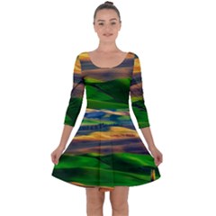 Grassland Nature Palouse Green Field Hill Sky Butte Quarter Sleeve Skater Dress by Bakwanart