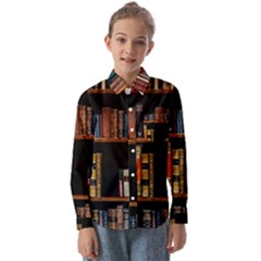 Assorted Title Of Books Piled In The Shelves Assorted Book Lot Inside The Wooden Shelf Kids  Long Sleeve Shirt by 99art