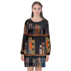 Assorted Title Of Books Piled In The Shelves Assorted Book Lot Inside The Wooden Shelf Long Sleeve Chiffon Shift Dress  by 99art