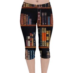 Assorted Title Of Books Piled In The Shelves Assorted Book Lot Inside The Wooden Shelf Velvet Capri Leggings  by 99art