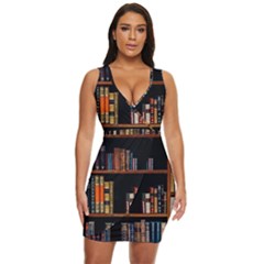 Assorted Title Of Books Piled In The Shelves Assorted Book Lot Inside The Wooden Shelf Draped Bodycon Dress by 99art