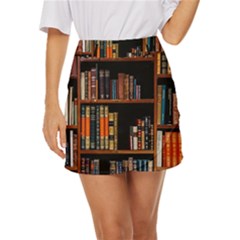 Assorted Title Of Books Piled In The Shelves Assorted Book Lot Inside The Wooden Shelf Mini Front Wrap Skirt by 99art