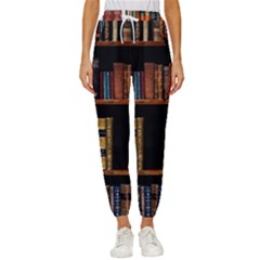 Assorted Title Of Books Piled In The Shelves Assorted Book Lot Inside The Wooden Shelf Women s Cropped Drawstring Pants by 99art