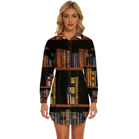 Assorted Title Of Books Piled In The Shelves Assorted Book Lot Inside The Wooden Shelf Womens Long Sleeve Shirt Dress by 99art