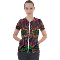 Multicolored Flower Mandala Wallpaper Kaleidoscope Pattern Short Sleeve Zip Up Jacket by 99art