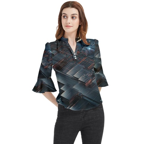 Architectural Design Abstract 3d Neon Glow Industry Loose Horn Sleeve Chiffon Blouse by 99art