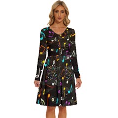 Assorted Color Musical Notes Wallpaper Fabric Long Sleeve Dress With Pocket by 99art