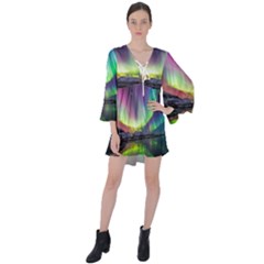 Aurora Borealis Polar Northern Lights Natural Phenomenon North Night Mountains V-neck Flare Sleeve Mini Dress by B30l