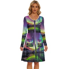 Aurora Borealis Polar Northern Lights Natural Phenomenon North Night Mountains Long Sleeve Dress With Pocket by B30l