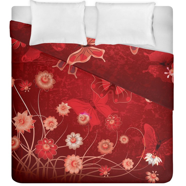 Four Red Butterflies With Flower Illustration Butterfly Flowers Duvet Cover Double Side (King Size)