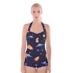 Cosmos Rockets Spaceships Ufos Boyleg Halter Swimsuit  by Cowasu