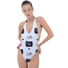 Cute Cameras Doodles Hand Drawn Backless Halter One Piece Swimsuit by Cowasu