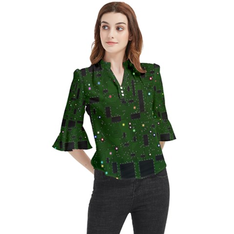 Circuit Board Conductor Tracks Loose Horn Sleeve Chiffon Blouse by Cowasu