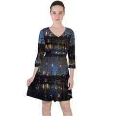 New York Night Central Park Skyscrapers Skyline Quarter Sleeve Ruffle Waist Dress by Cowasu