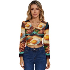 Breakfast Egg Beans Toast Plate Long Sleeve V-neck Top by Ndabl3x