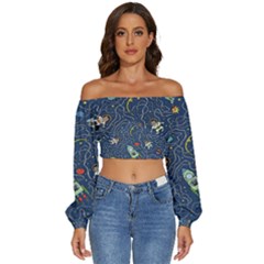 Cat-cosmos-cosmonaut-rocket Long Sleeve Crinkled Weave Crop Top by Wav3s