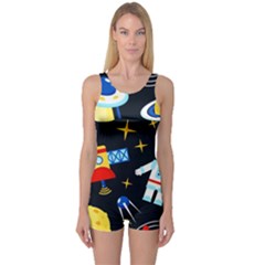 Space Seamless Pattern One Piece Boyleg Swimsuit by Wav3s