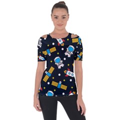 Seamless-adventure-space-vector-pattern-background Shoulder Cut Out Short Sleeve Top by Wav3s