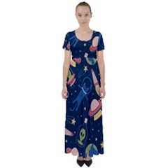 Seamless-pattern-with-funny-aliens-cat-galaxy High Waist Short Sleeve Maxi Dress by Wav3s