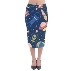 Seamless-pattern-with-funny-aliens-cat-galaxy Velvet Midi Pencil Skirt by Wav3s