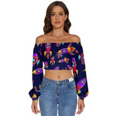 Space-patterns Long Sleeve Crinkled Weave Crop Top by Wav3s