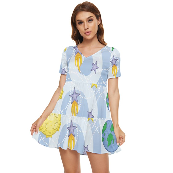 Science Fiction Outer Space Tiered Short Sleeve Babydoll Dress