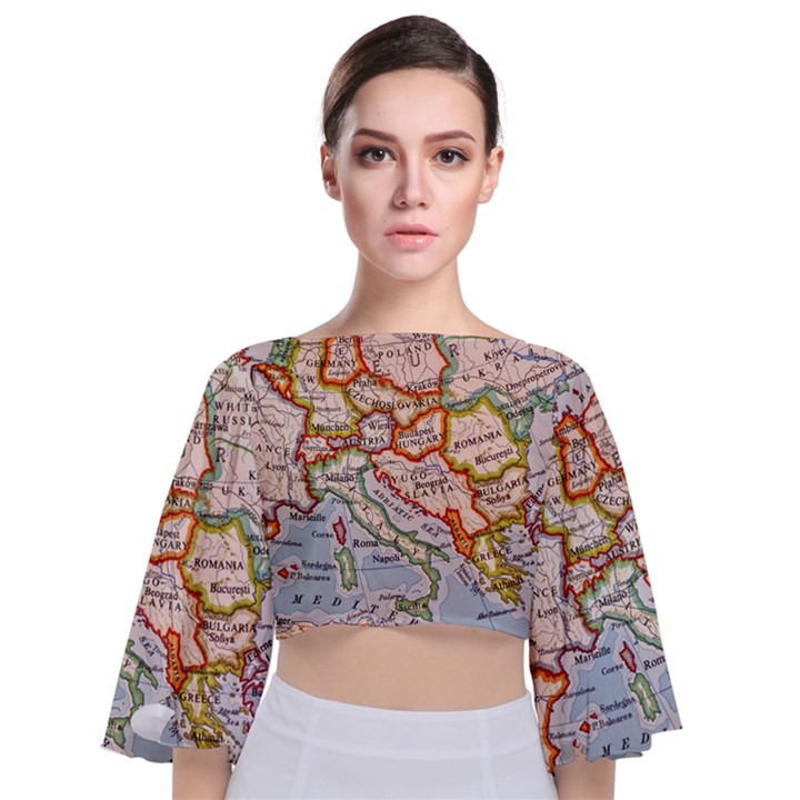 Map Europe Globe Countries States Tie Back Butterfly Sleeve Chiffon Top