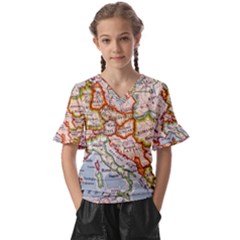 Map Europe Globe Countries States Kids  V-neck Horn Sleeve Blouse by Ndabl3x