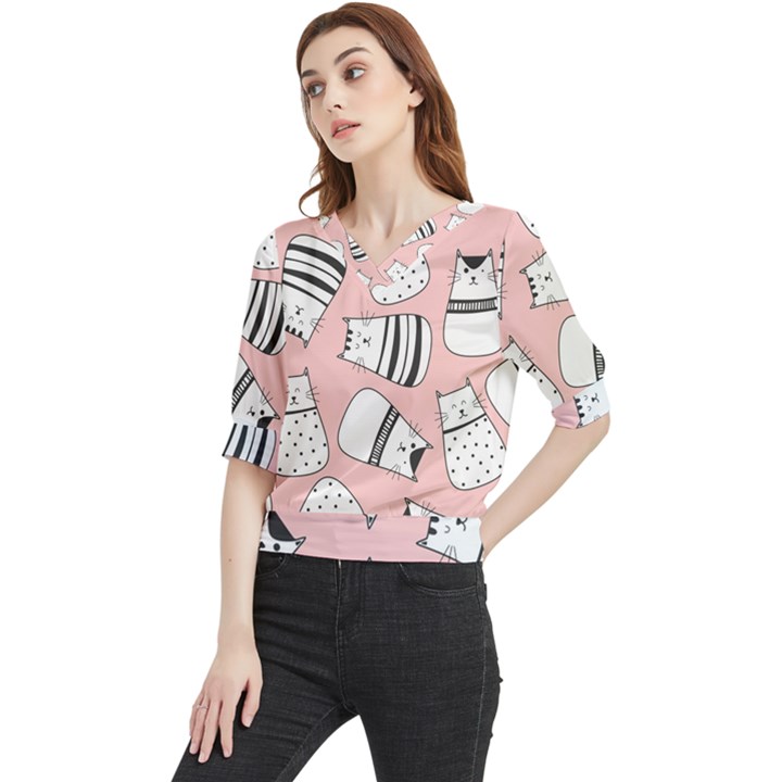 Cute Cats Cartoon Seamless-pattern Quarter Sleeve Blouse