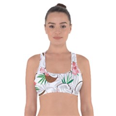 Seamless Pattern Coconut Piece Palm Leaves With Pink Hibiscus Cross Back Sports Bra by Vaneshart