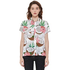 Seamless Pattern Coconut Piece Palm Leaves With Pink Hibiscus Short Sleeve Pocket Shirt by Vaneshart