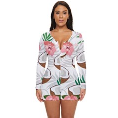 Seamless Pattern Coconut Piece Palm Leaves With Pink Hibiscus Long Sleeve Boyleg Swimsuit by Vaneshart