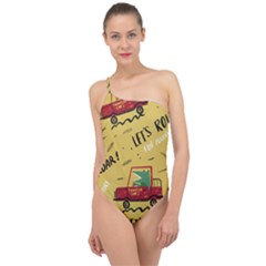 Childish-seamless-pattern-with-dino-driver Classic One Shoulder Swimsuit by Vaneshart