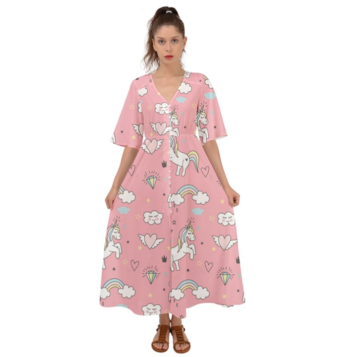 Cute-unicorn-seamless-pattern Kimono Sleeve Boho Dress