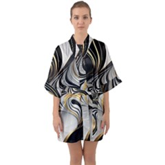 Pattern Gold Marble Half Sleeve Satin Kimono  by Vaneshop