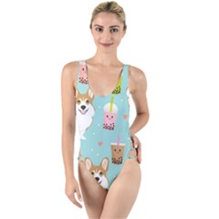 Welsh Corgi Boba Tea Bubble Cute Kawaii Dog Breed High Leg Strappy Swimsuit by Wav3s