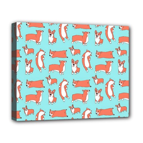 Corgis On Teal Deluxe Canvas 20  X 16  (stretched) by Wav3s