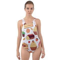 Seamless Pattern Hand Drawing Cartoon Dessert And Cake Cut-out Back One Piece Swimsuit by Wav3s