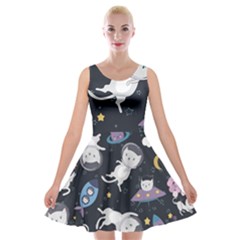 Space Cat Illustration Pattern Astronaut Velvet Skater Dress by Wav3s