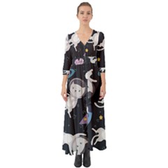 Space Cat Illustration Pattern Astronaut Button Up Boho Maxi Dress by Wav3s